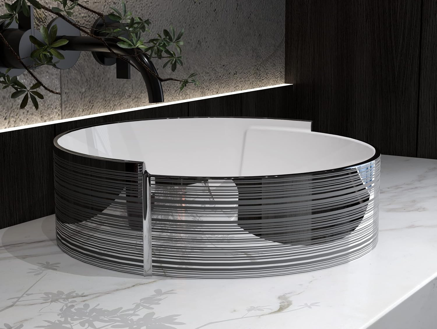 Elegant 16.75″ Silver Stripe Round Art Basin Bathroom Vessel Sink with Drain