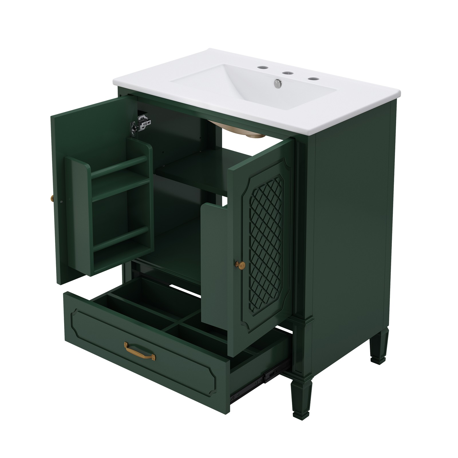 30″ Bathroom Vanity with Ceramic Sink, Green, Soft-Close Door & Drawer