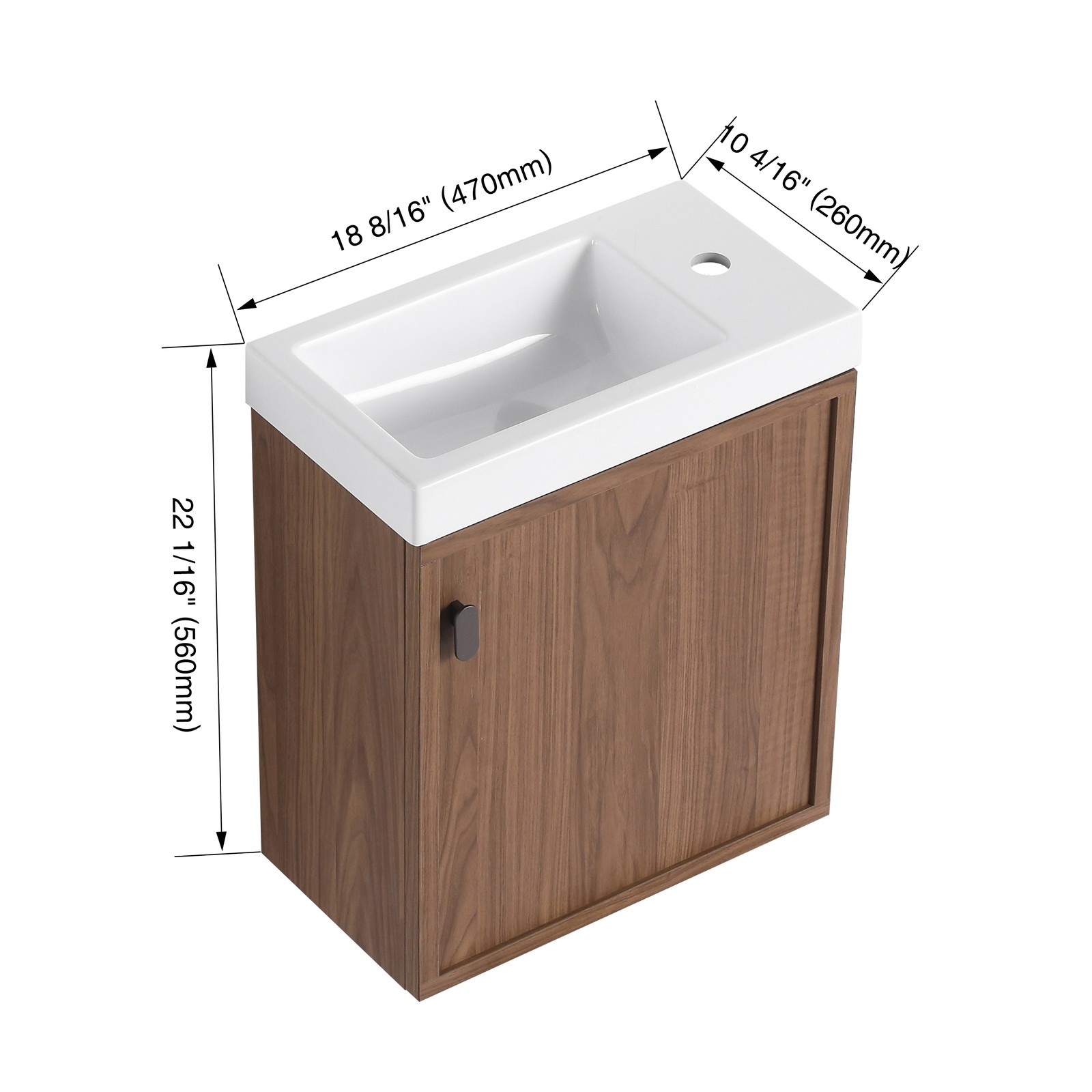 18.5″ Walnut Wall Mounted Floating Bathroom Vanity W/ Door Storage W/ Resin Sink
