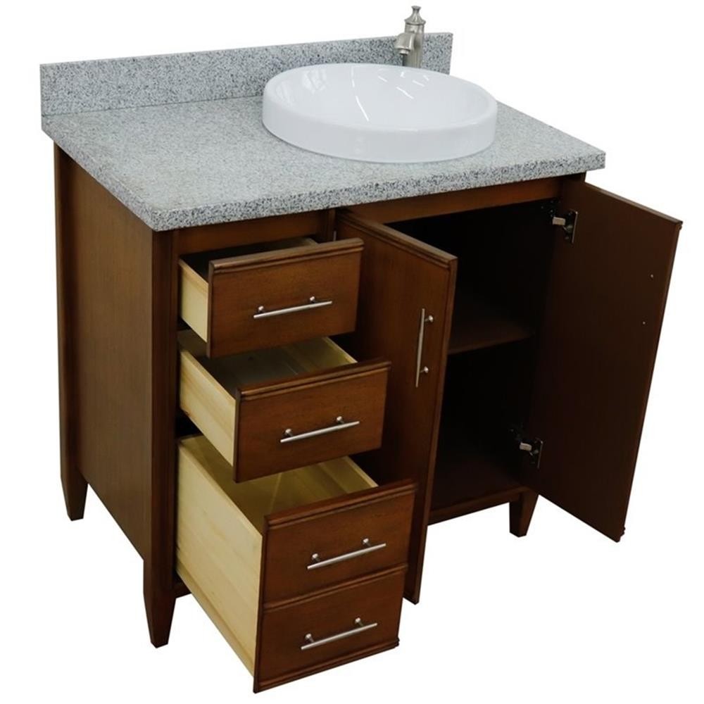 Pemberly Row 37″ Single Solid Wood Vanity with Right Round Sink in Walnut/Gray