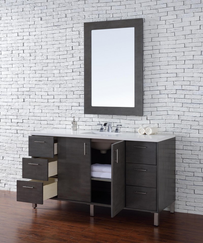 60″ James Martin Metropolitan Silver Oak Single Bathroom Vanity White Quartz Top