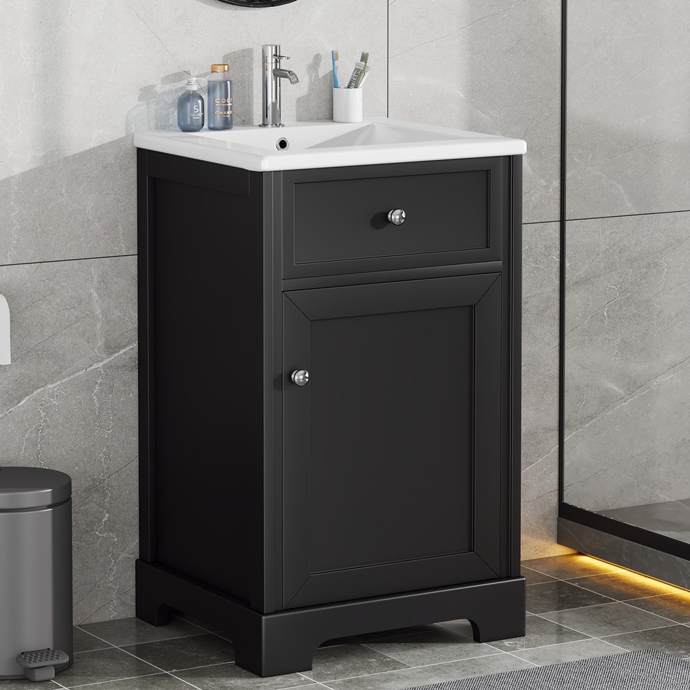 20″ Bathroom Vanity w/Ceramic Sink, Freestanding Vanity Door Cabinet, Shelves