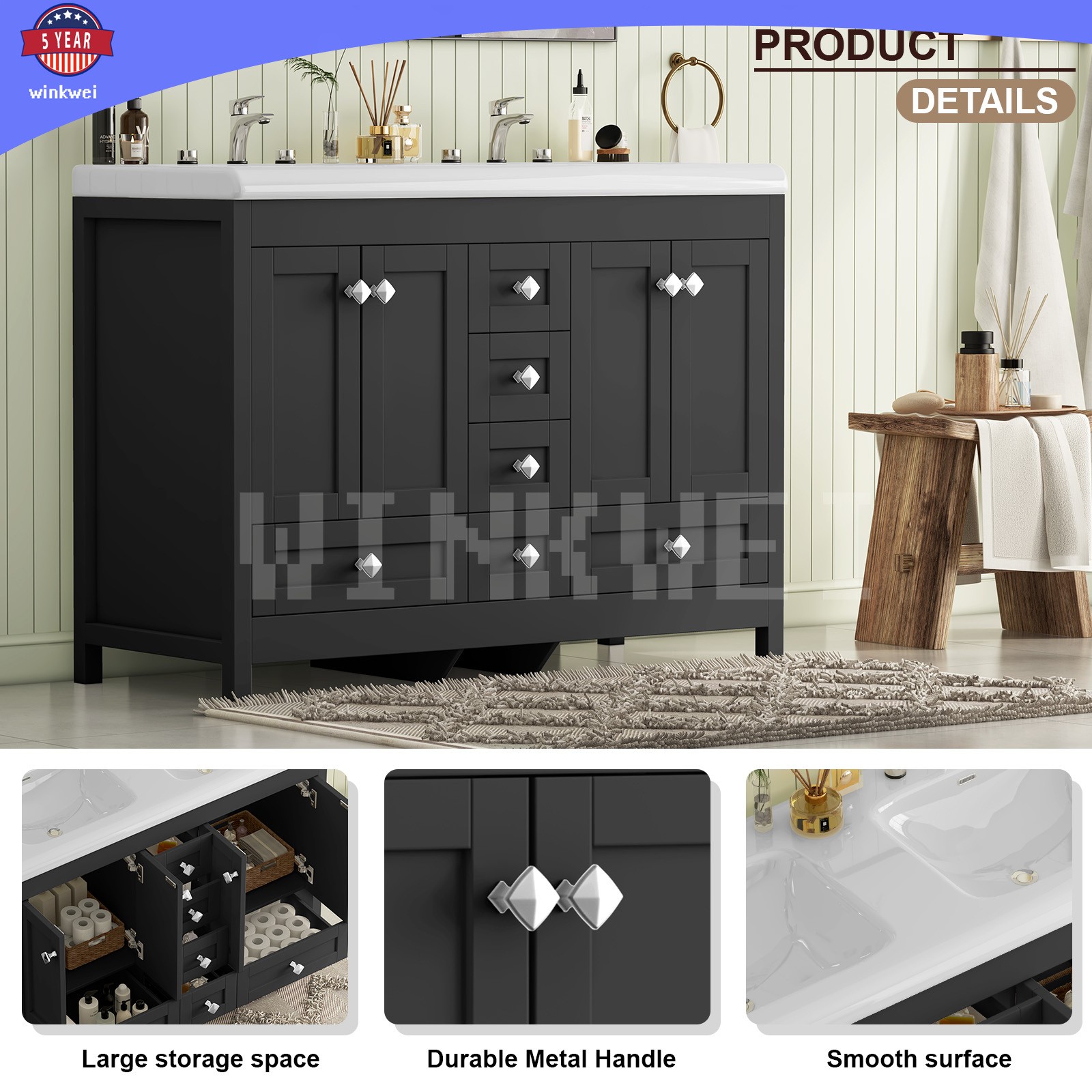 47.3″ Bathroom Vanity Cabinet w/ Double Ceramic Sinks ,2 Doors, 6 Drawers Black