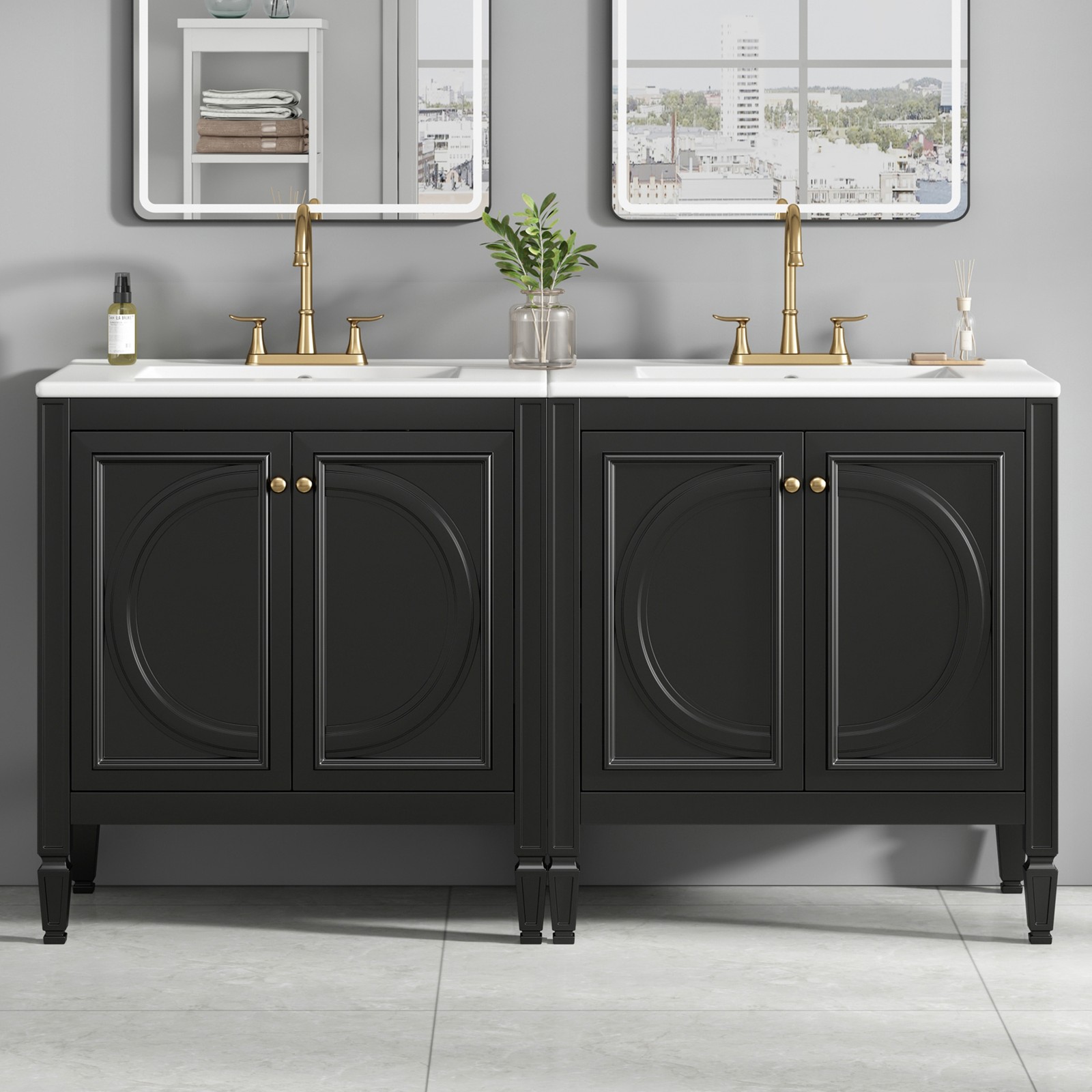 60″ Bathroom Vanity with Double Sink, Ceramic Sink, Soft Close Doors, Black