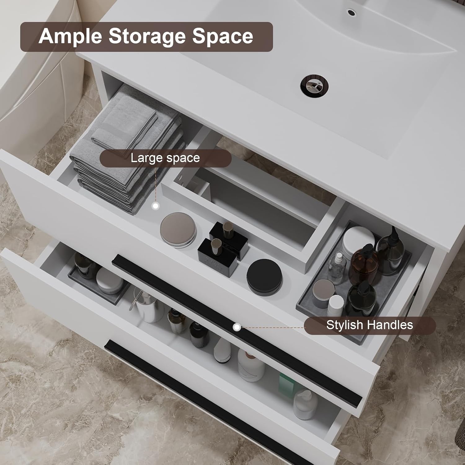 30 inch Floating Bathroom Vanity with Sink Space Saving Fluted Design for Small