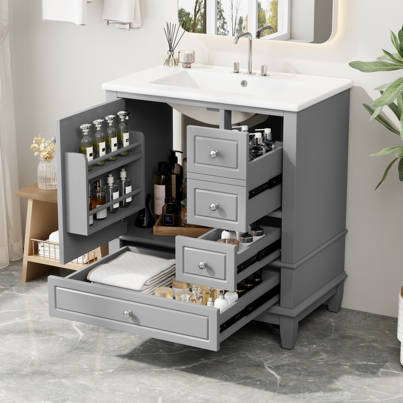 30″ Bathroom Vanity with Sink, Soft Close Door, Grey