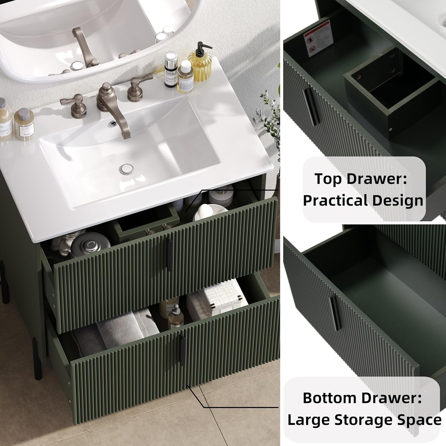 30 in.Bathroom Vanity with Fluted Design Vanity with Sink Suit For Any Bathroom