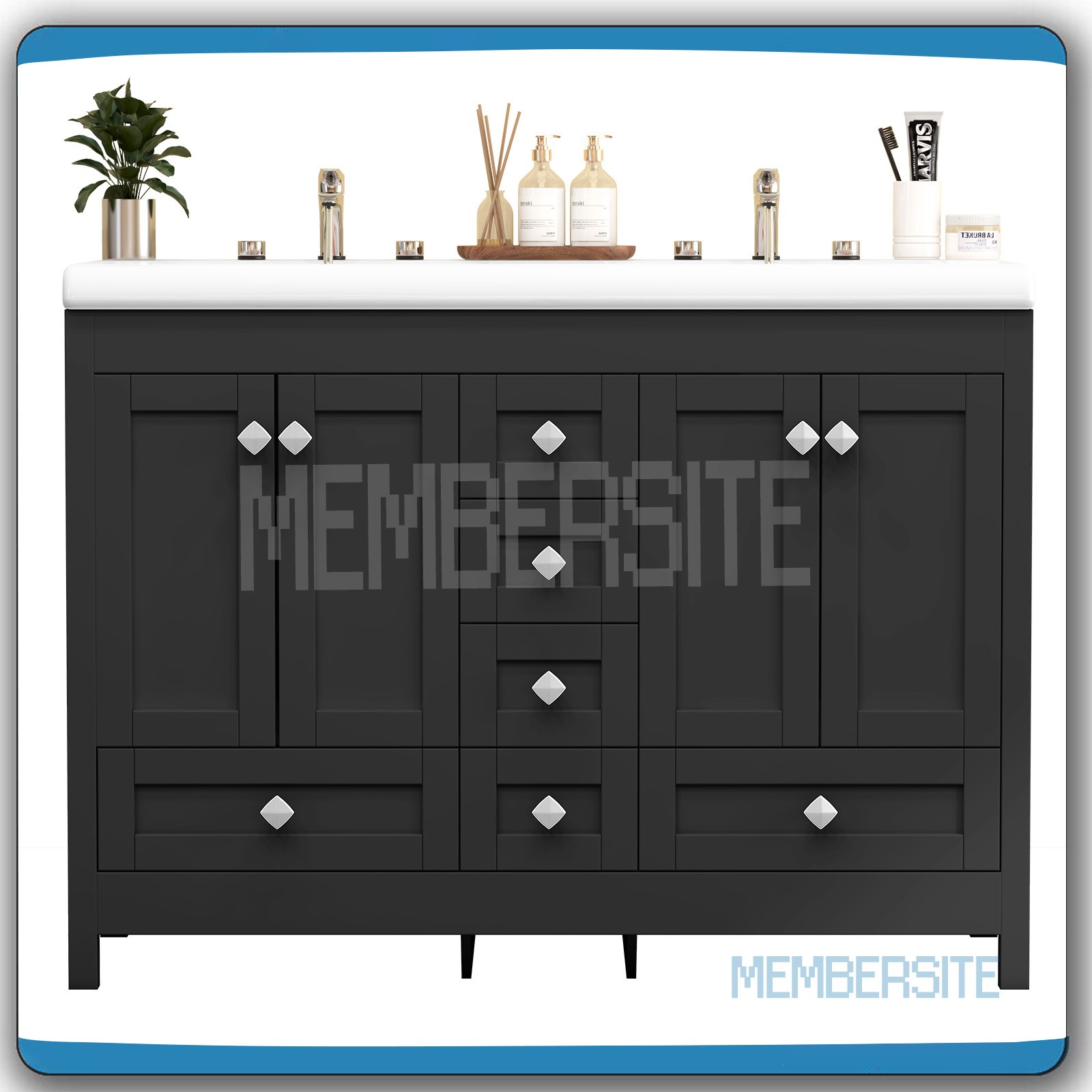 Black Bathroom Vanity Cabinet 47.3″ Double Ceramic Sinks , 2 Doors & 6 Drawers