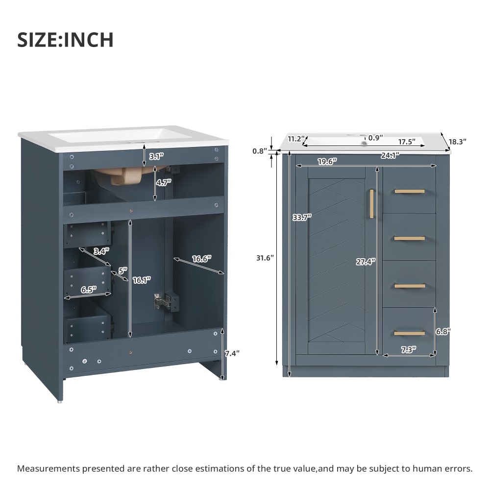 24in Bathroom Vanity Integrated Ceramic Sink 1 Door 3 Drawers