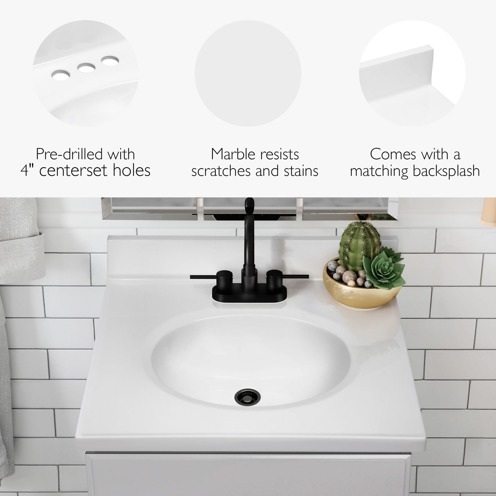 Bowery Hill 25″ Traditional Marble Single Bowl Vanity Top in Solid White