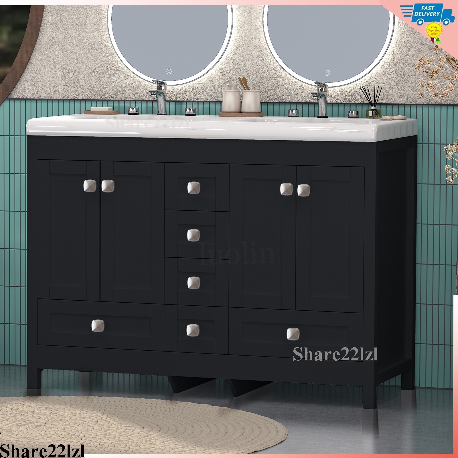 47-inch Bathroom Vanity with Sink Ceramic Freestanding Cabinet – 6-hole faucet