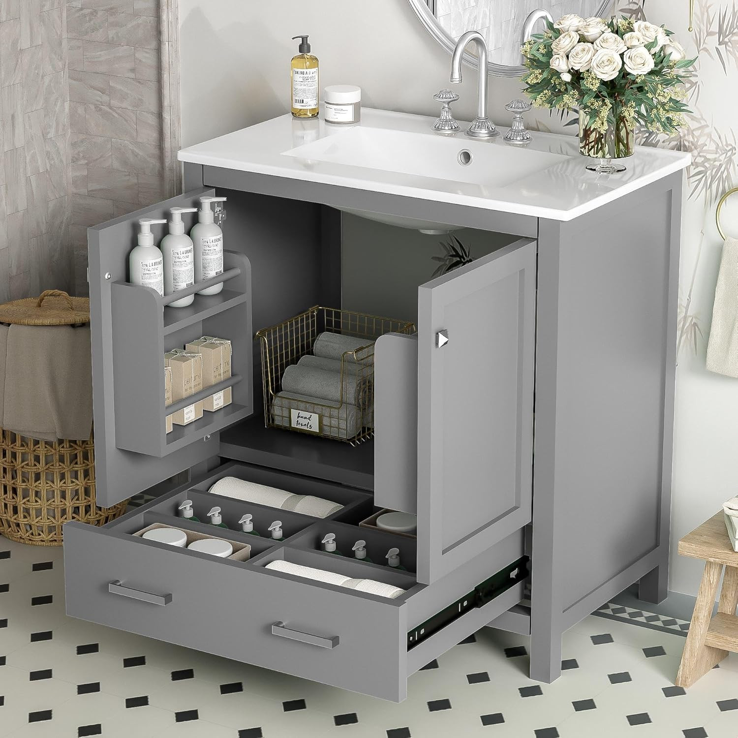 30″ Green Bathroom Vanity Sink Combo with Soft Close & Ceramic Top