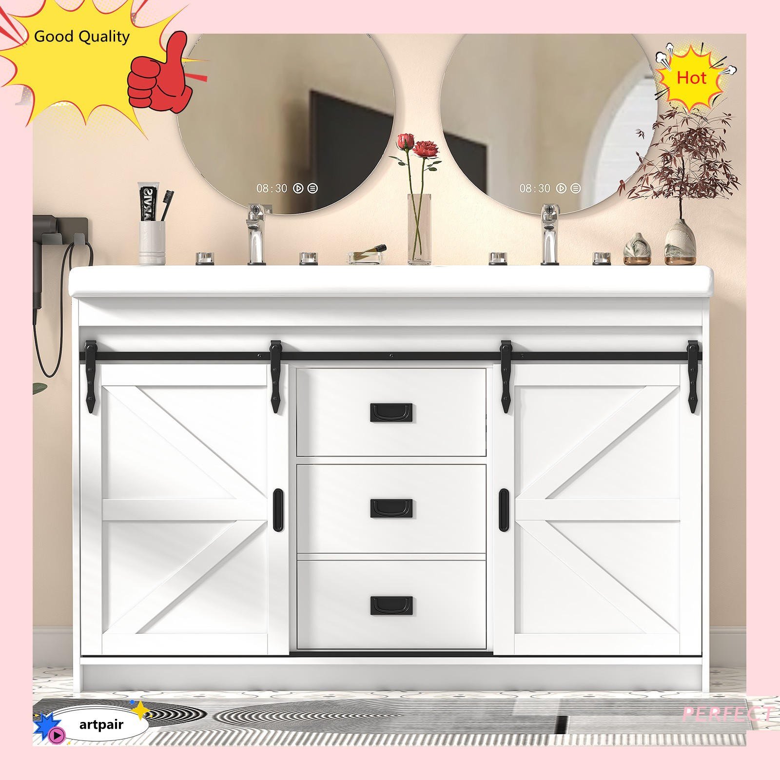 Large Vanity Cabinet Double Bathroom Top Ceramic Sink Countertop without Faucet
