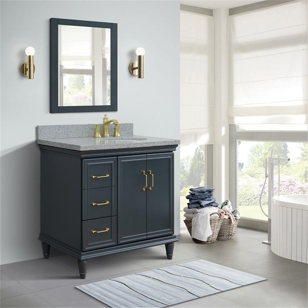37 in. Single Wooden Vanity Dark Gray Gray Granite Oval Right Door.Right Sink