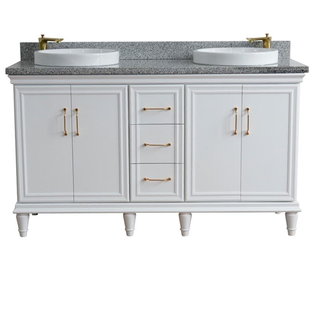 61 in. Double Wooden Vanity White Gray Granite Round Sink