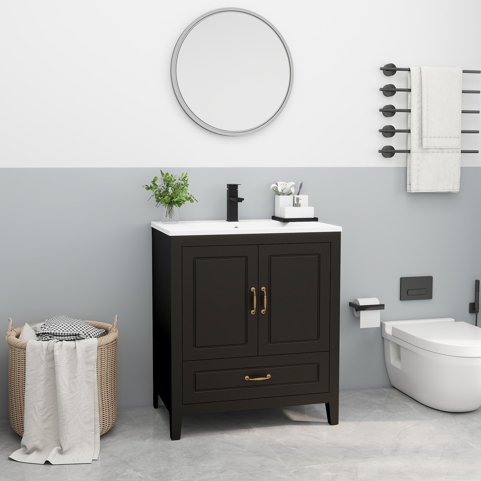 30″ Bathroom Vanity with Ceramic Sink Soft-Close 2 Doors 1 Drawer Faucet Modern
