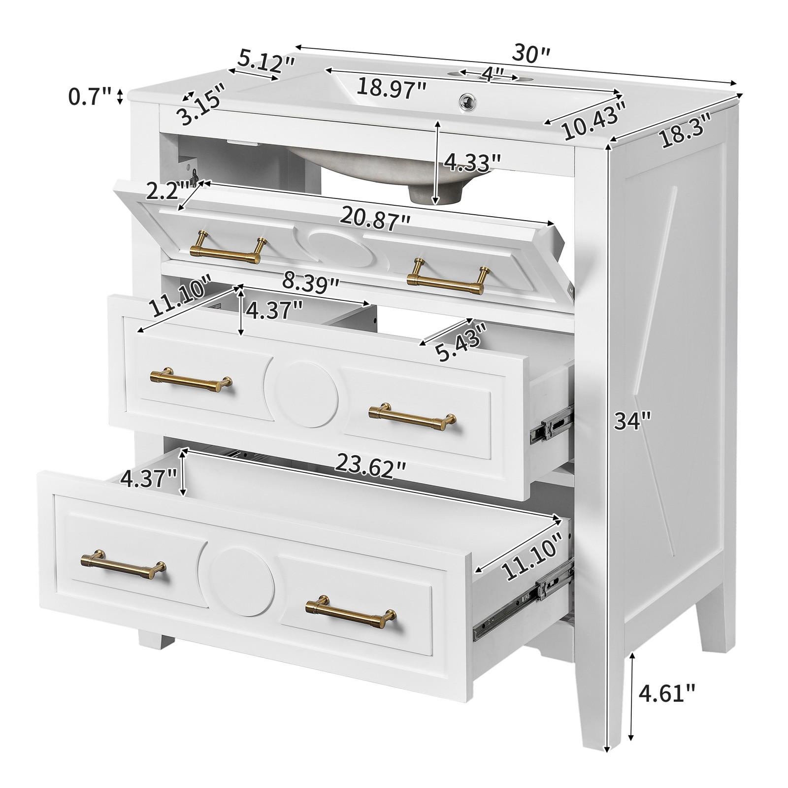 30″ Bathroom Vanity with Ceramic Sink Combo, White, 3 Drawers