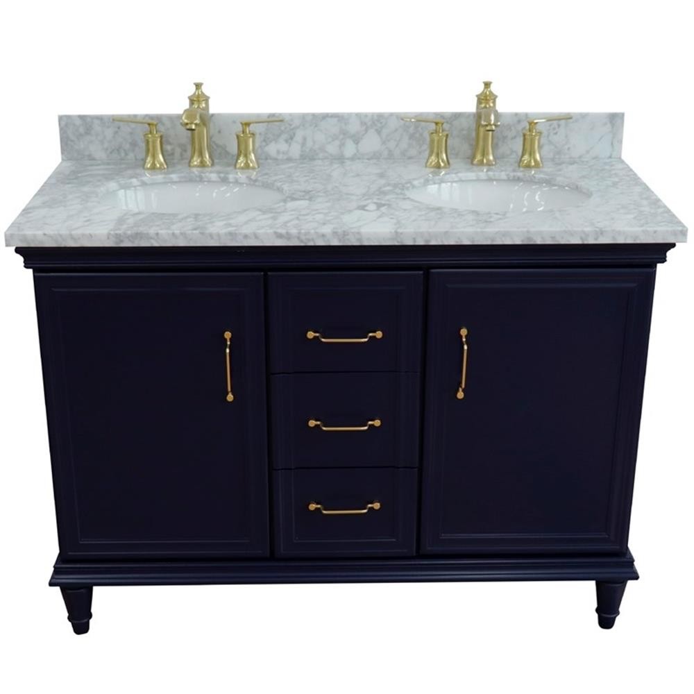 49 in. Double Wooden Vanity Blue with White Carrara Oval Sink