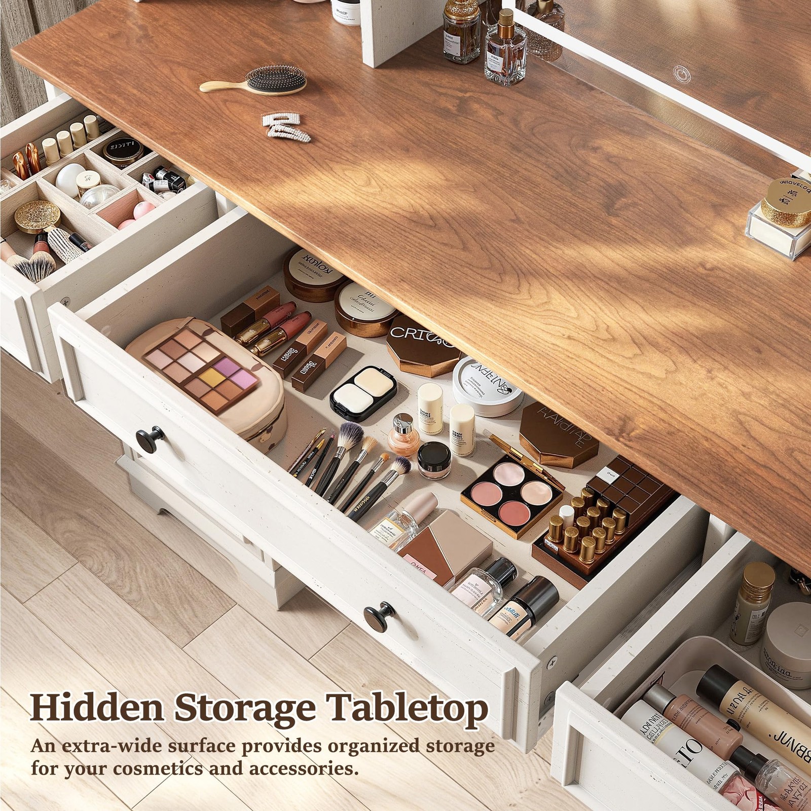 Farmhouse 43 White Vanity Desk with Mirror & LED Lights 5 Drawers RGB Cabinets