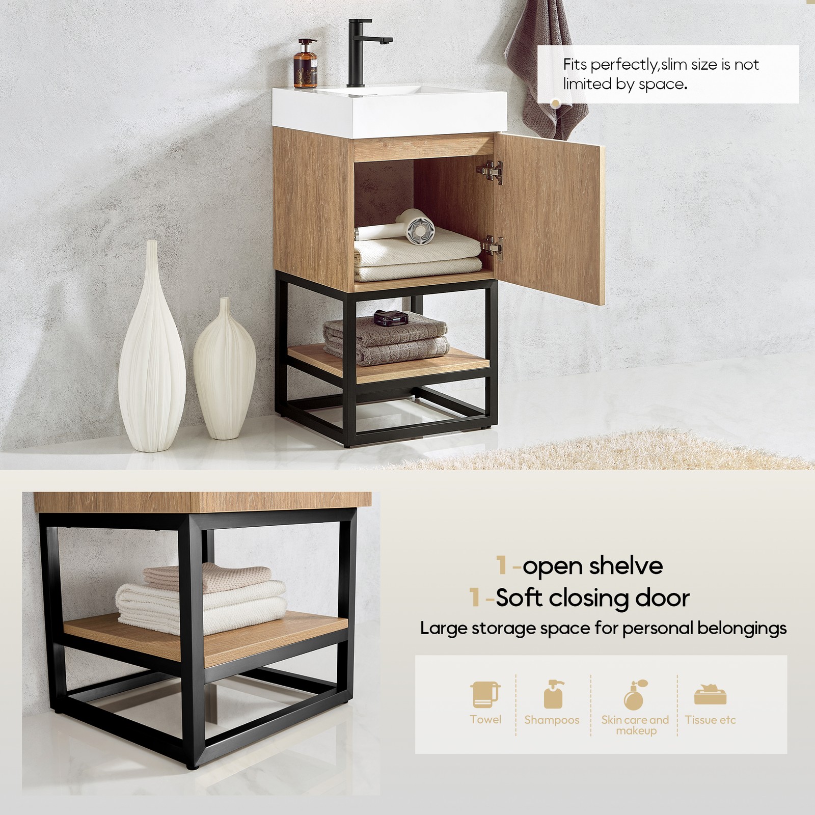 Vinnova Alistair 18″ White Stone Top Oak Single Vanity Black Frame w/o Mirror