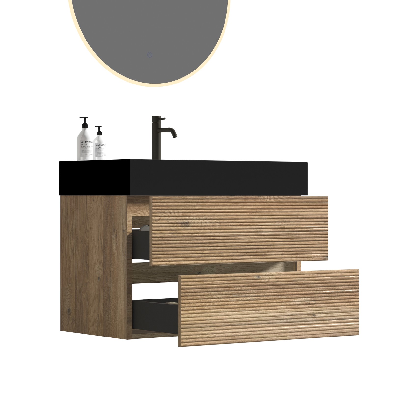 30″ Rough Oak Wall Mounted Bathroom Vanity with Black Sink & Drawers