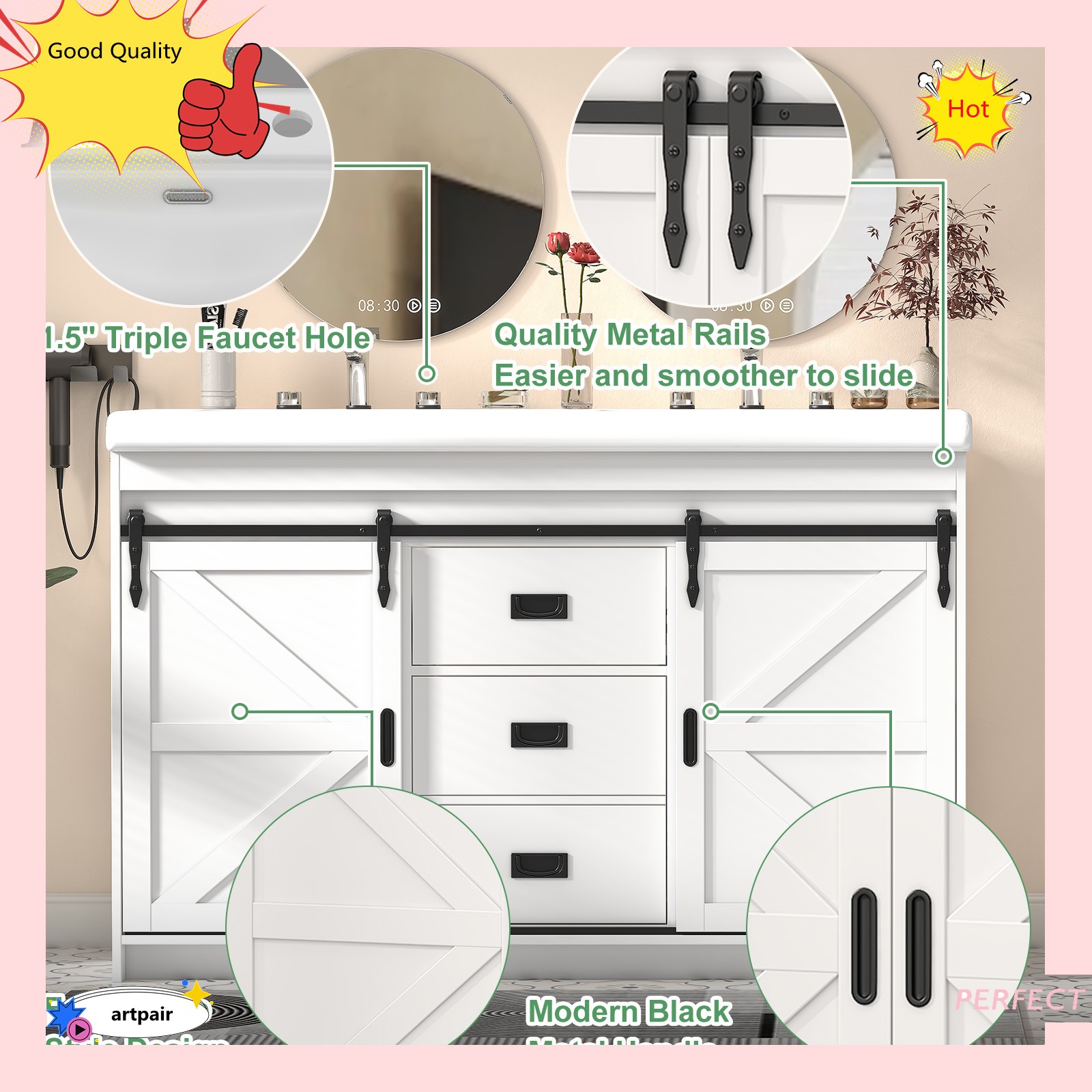 Large Vanity Cabinet Double Bathroom Top Ceramic Sink Countertop without Faucet