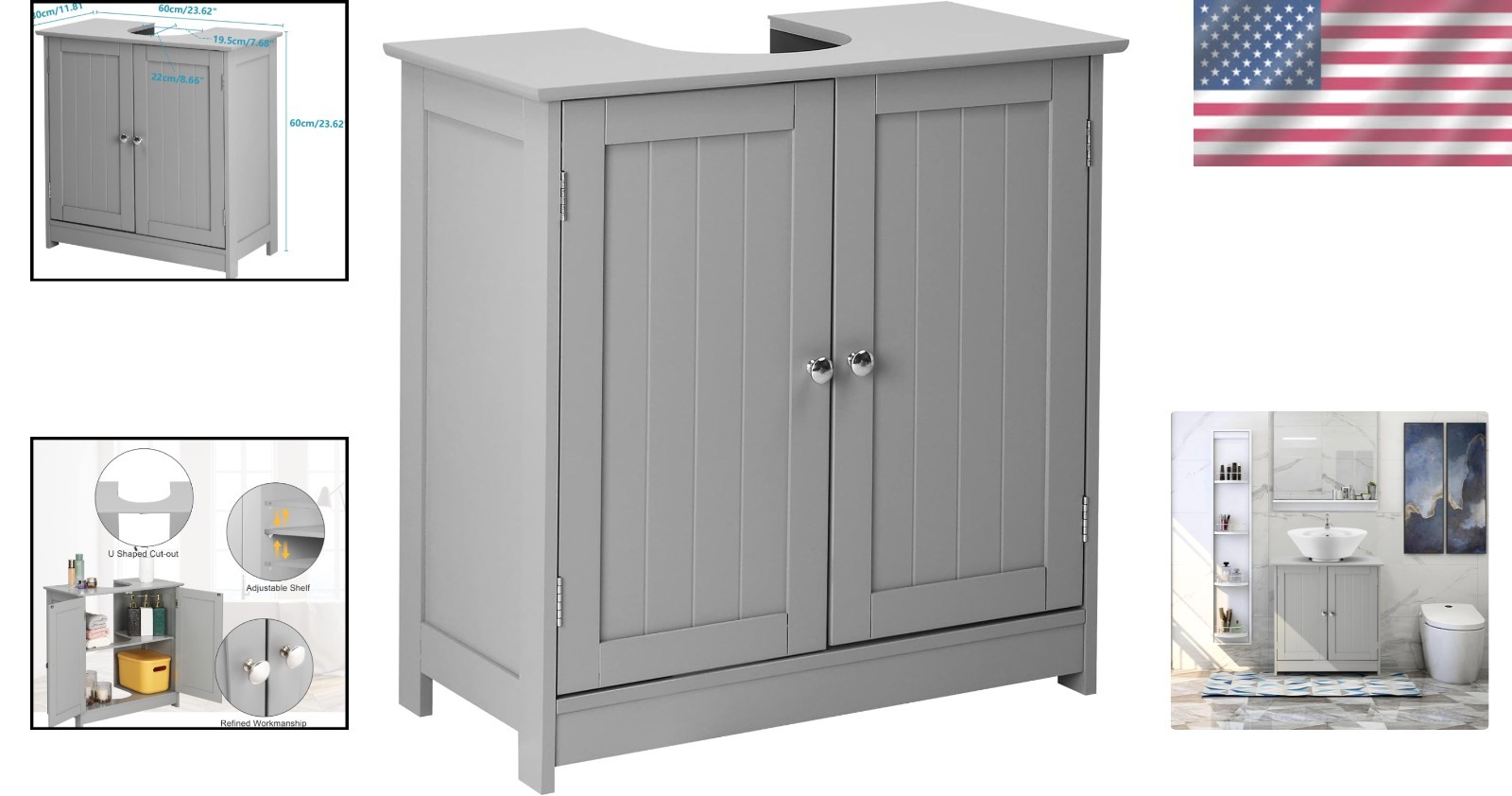 Durable Freestanding Under Sink Cabinet with Adjustable Shelf – Grey Finish