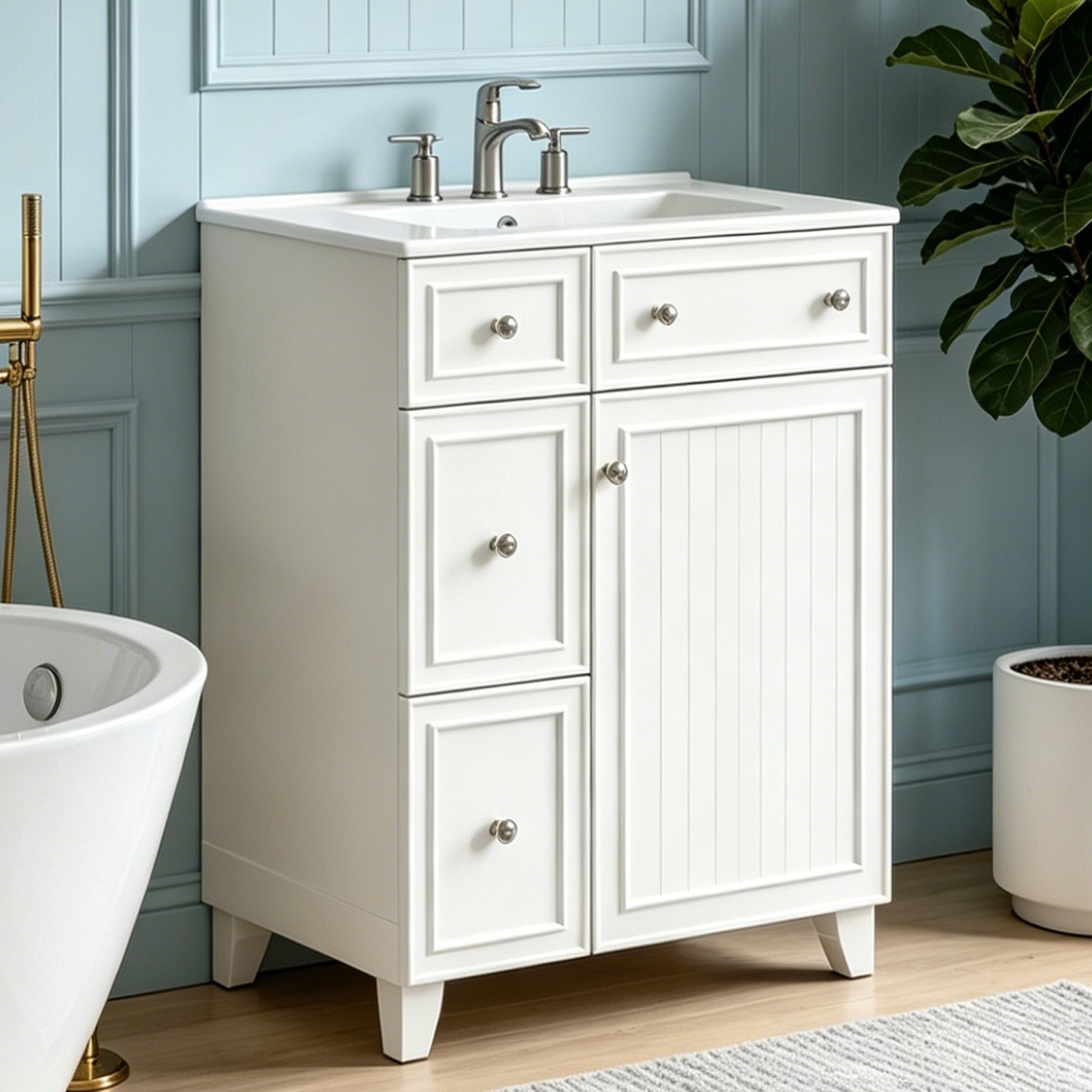 24″ White Freestanding bathroom sink cabinet with 2 Drawers and 1 Storage Door