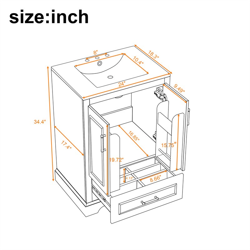 24in Black Bathroom Vanity with Ceramic Sink,Divider Drawer & 2 Soft-close Doors