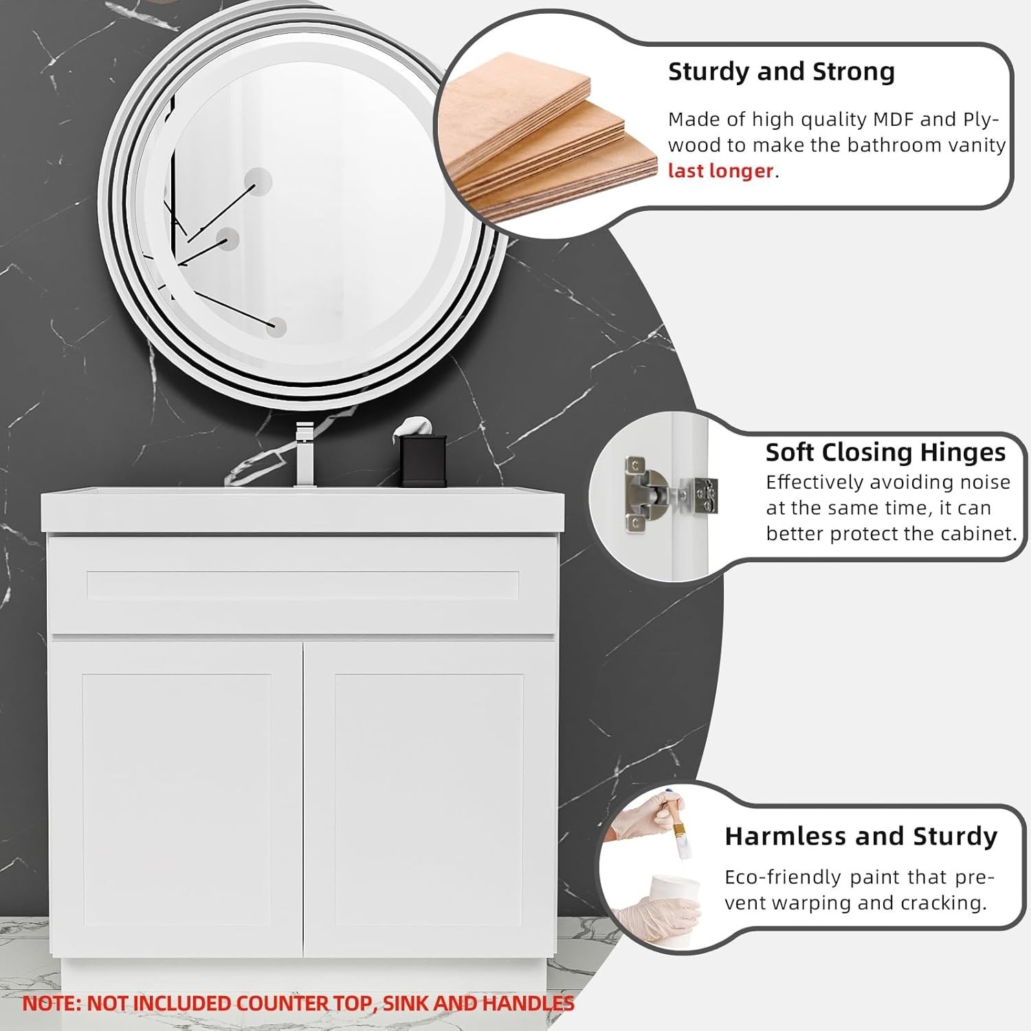 36 Inch Unassembled Bathroom Vanity Cabinet, White, Sink & Handles Not Included