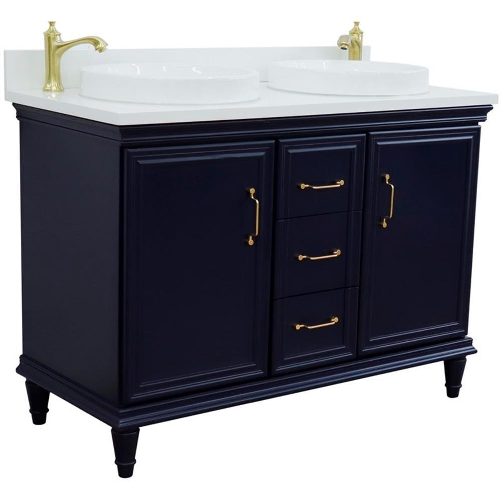 49 in. Double Wooden Vanity Blue with White Quartz Round Sink