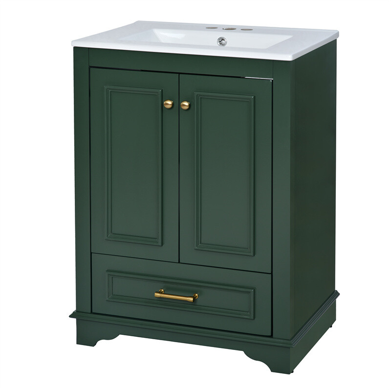 24” Bathroom Vanity with Ceramic Sink Combo Green Cabinet w/Doors & Drawers