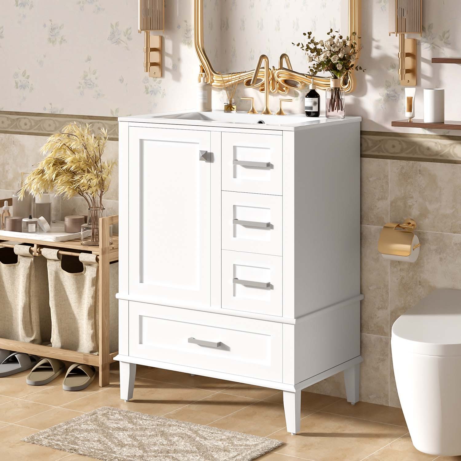 25″ Bathroom Vanity & Sink Freestanding Modern Cabinet Soft-Close Door 3 Drawers