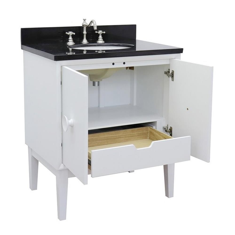 Stora 31″ Solid Wood Single Oval Sink Vanity with Black Galaxy Top in White