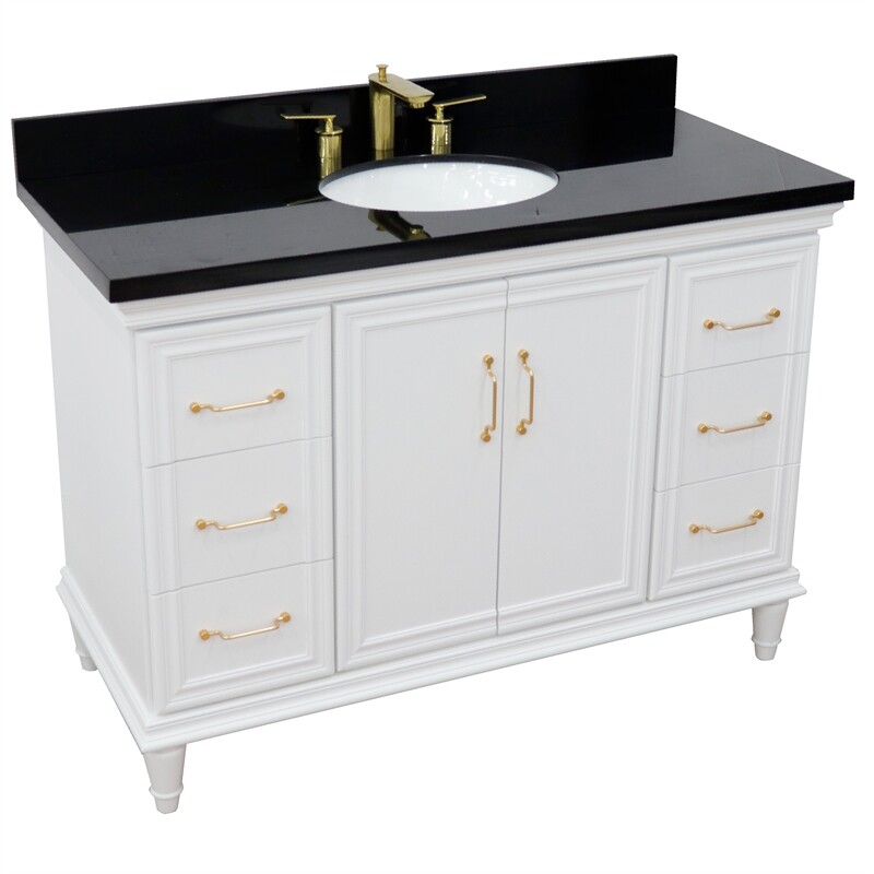 49 in. Single Wooden Vanity White with Black Galaxy Granite Oval Sink
