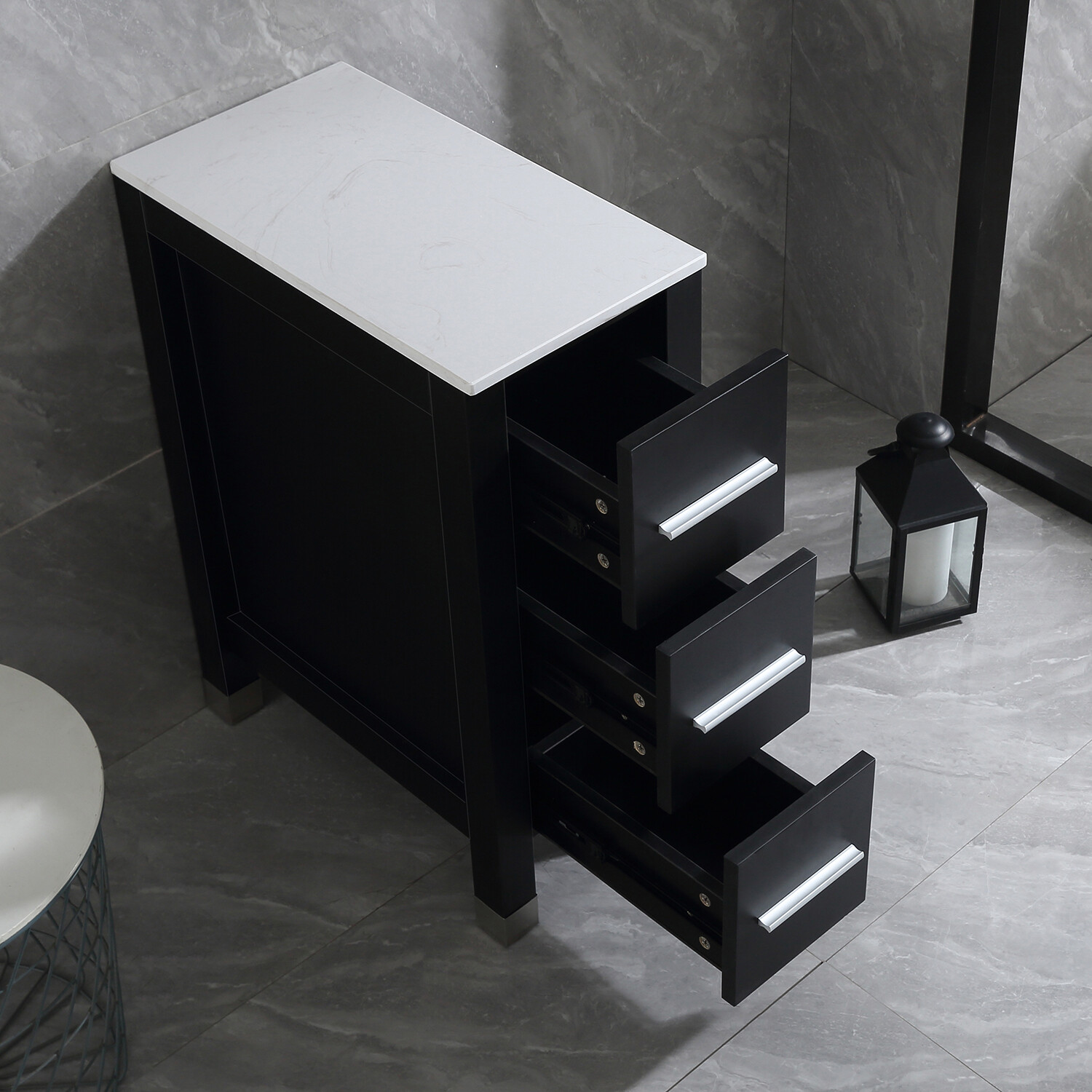 11.8″ Modern Bathroom Vanity Small Cabinet with Stone top & 3 Drawers Black