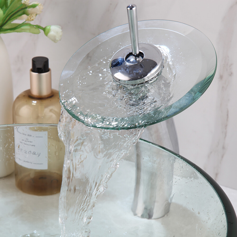 Bathroom Clear Vessel Sink Faucet Basin Vanity Bowl Glass Combo Round Tempered