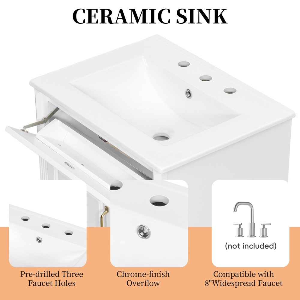 24″ Bathroom Vanity with Sink, Freestanding Vanity Storage Cabinet, 3 Drawers