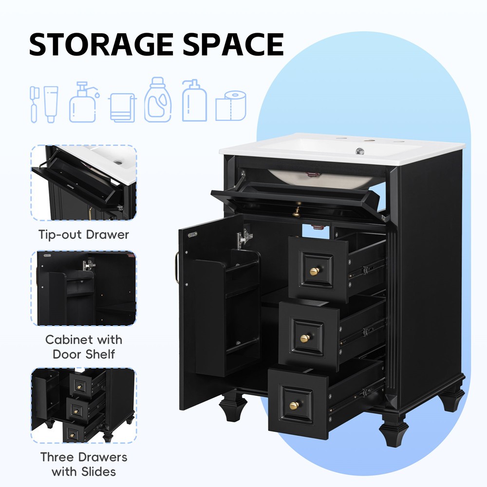 24″ Bathroom Vanity with Sink, Freestanding Vanity Storage Cabinet, 3 Drawers