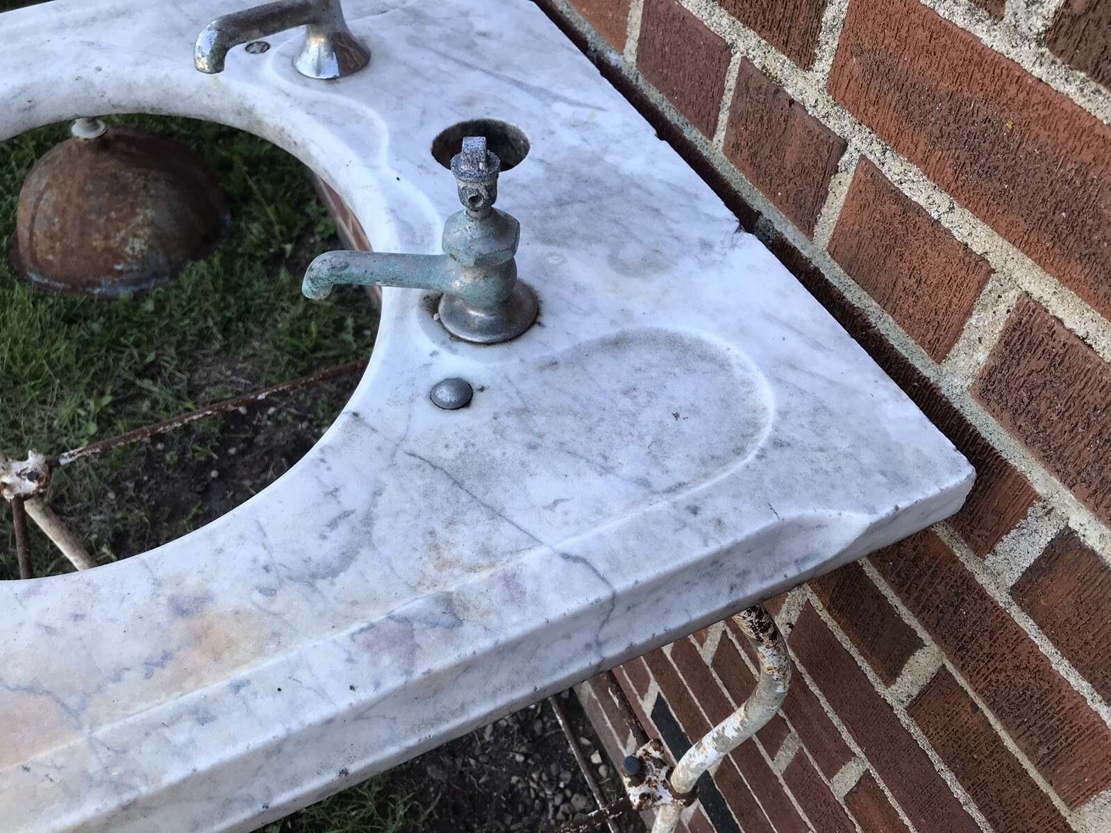 ANTIQUE VTG IRON VANITY WITH MARBLE TOP BATH SINK STAND 24 WIDE X 22 DEEP X 32”