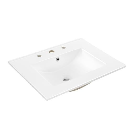 Classic Contemporary 24″ Rectangular Ceramic Sink Basin Vanity Top – 3-Hole, Whi