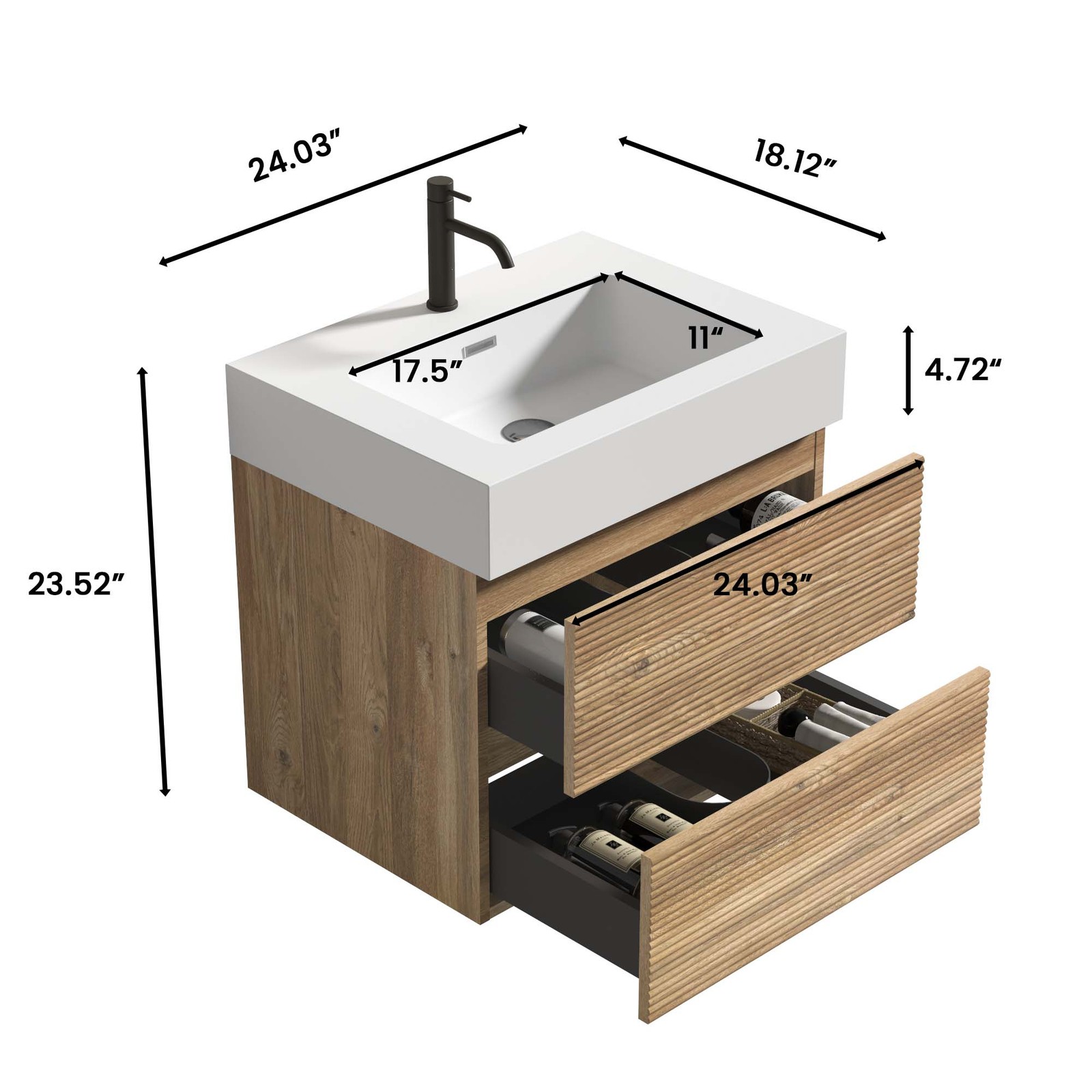 24″ Rough Oak Wall Mounted Bathroom Vanity with White Glossy Sink