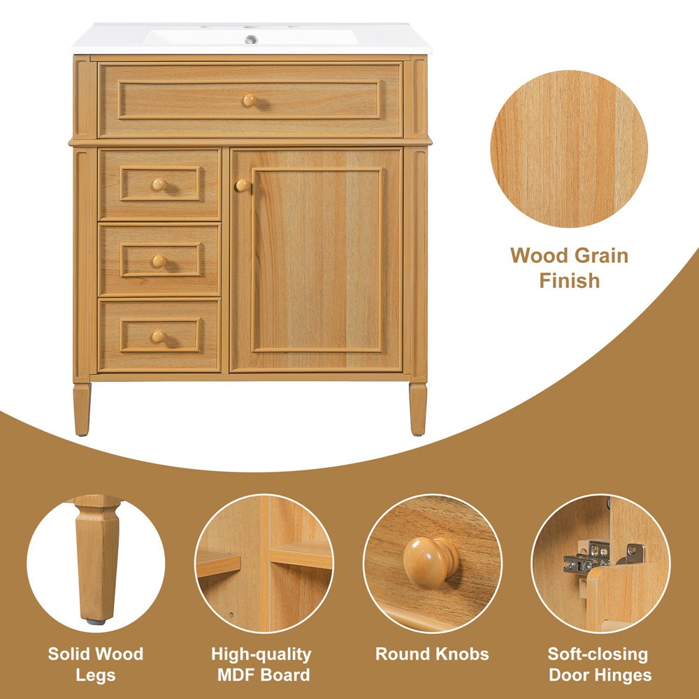 30″ Bathroom Vanity w/Ceramic Sink, Freestanding Bath Vanity Cabinet, 3 Drawers