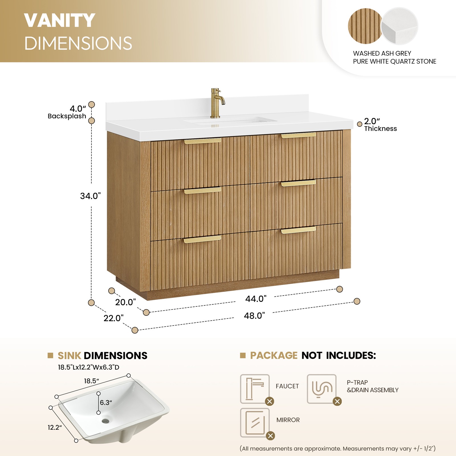 Santarem 48″ Single Bath Vanity in Washed Ash Grey with White Quartz Stone Top