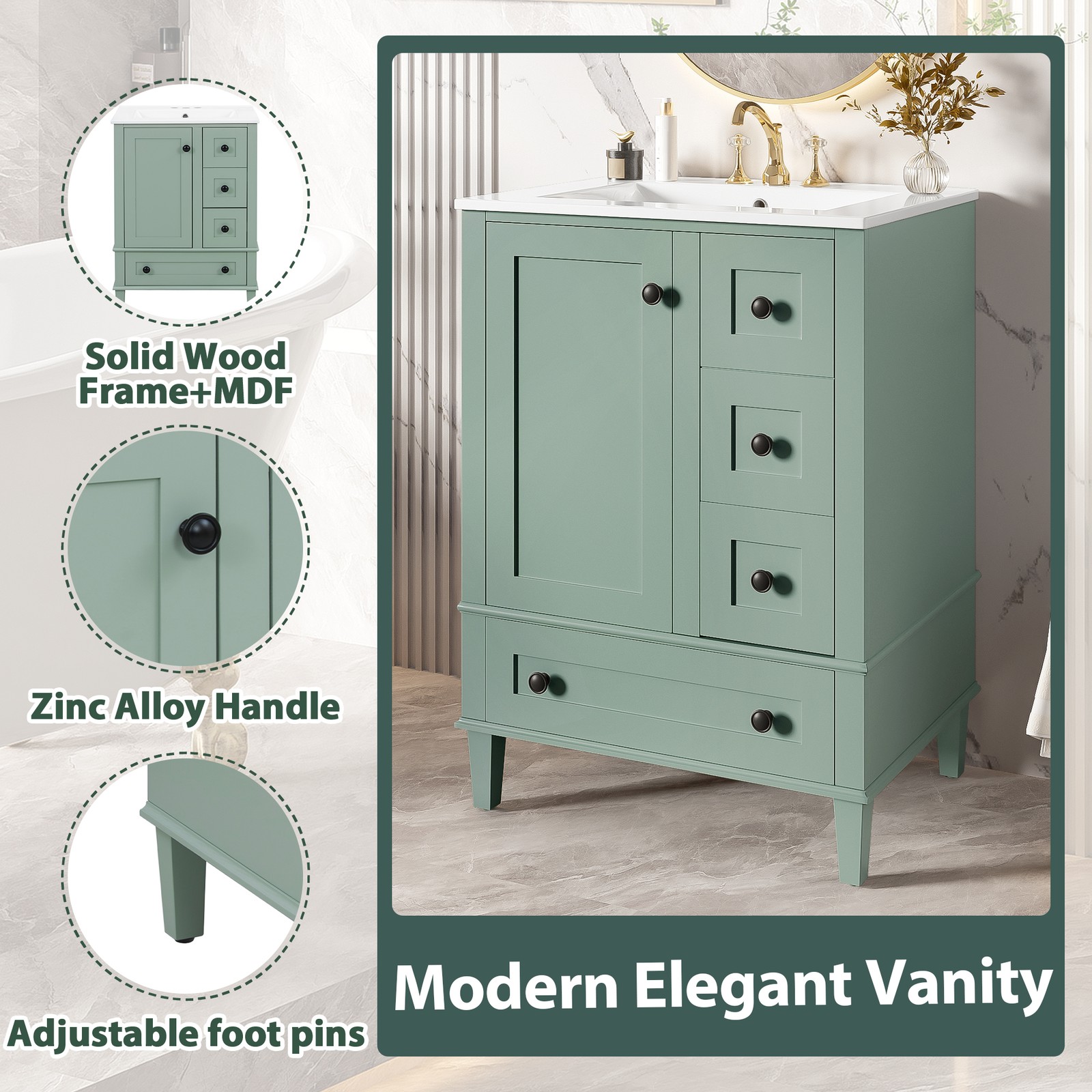 24″ Wood Bathroom Vanity Storage Cabinet with Ceramic Sink & Soft-Close Drawers