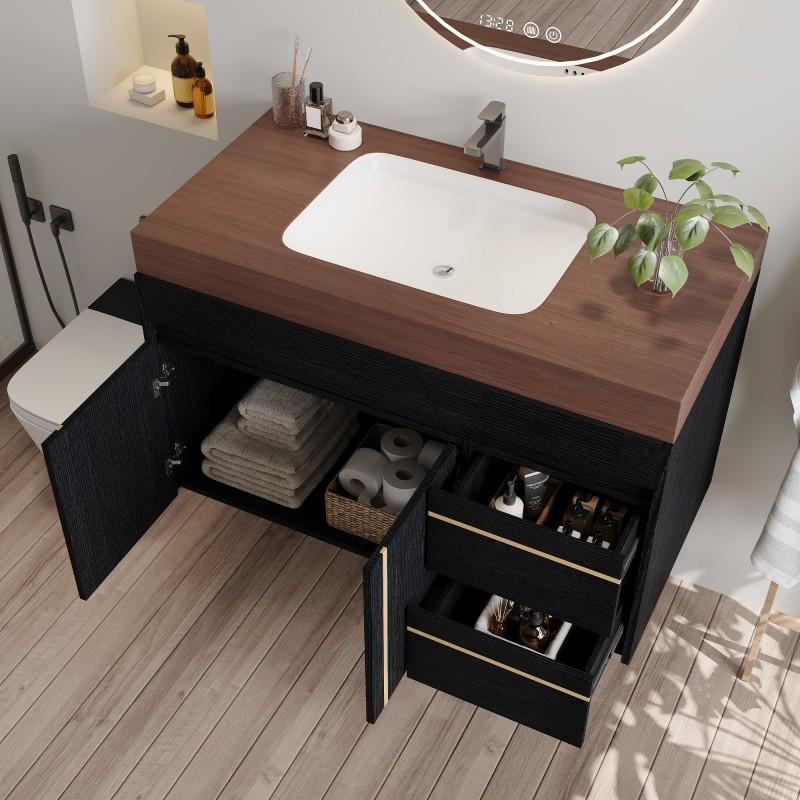 36″ Modern Floating Bathroom Vanity w/Integrated Ceramic Sink & Faux Marble Top