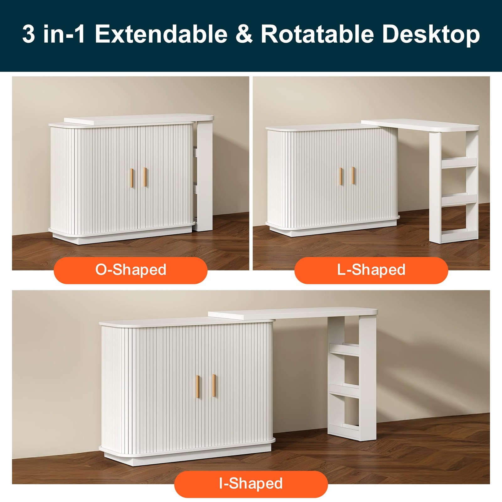 68″ Extendable L-Shaped Corner Makeup Vanity Desk Sliding Door White Fluted