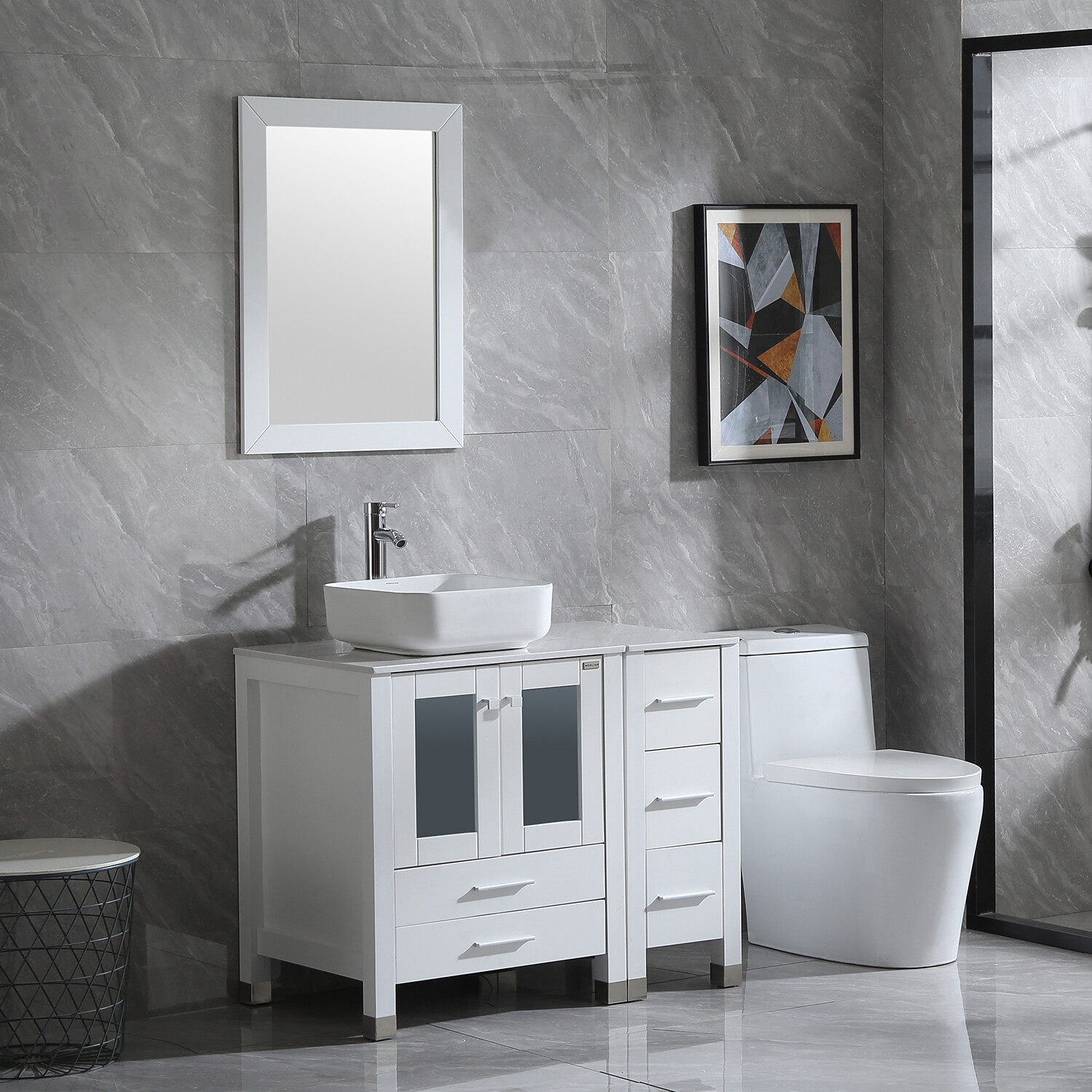 36″ inch Single Sink Bathroom Vanity Set w/Ceramic Vessel Sink Faucet & Mirror