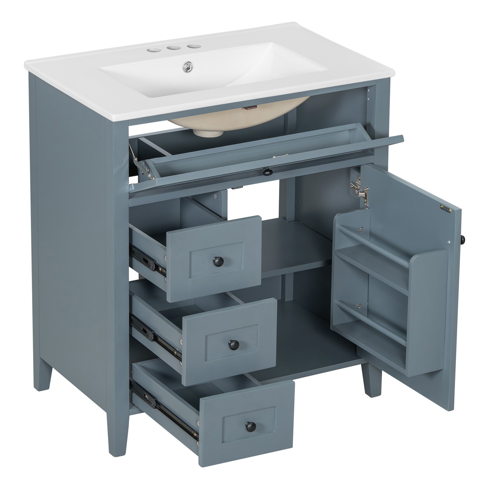 30″ Blue Gray Bathroom Vanity with Sink, 3 Drawers & Cabinet