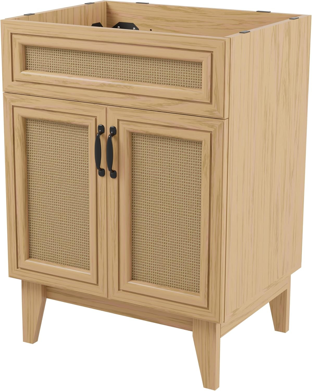Modern Farmhouse Rattan Bath Vanity Cabinet, 24″ W, Oak, 2 Shelves